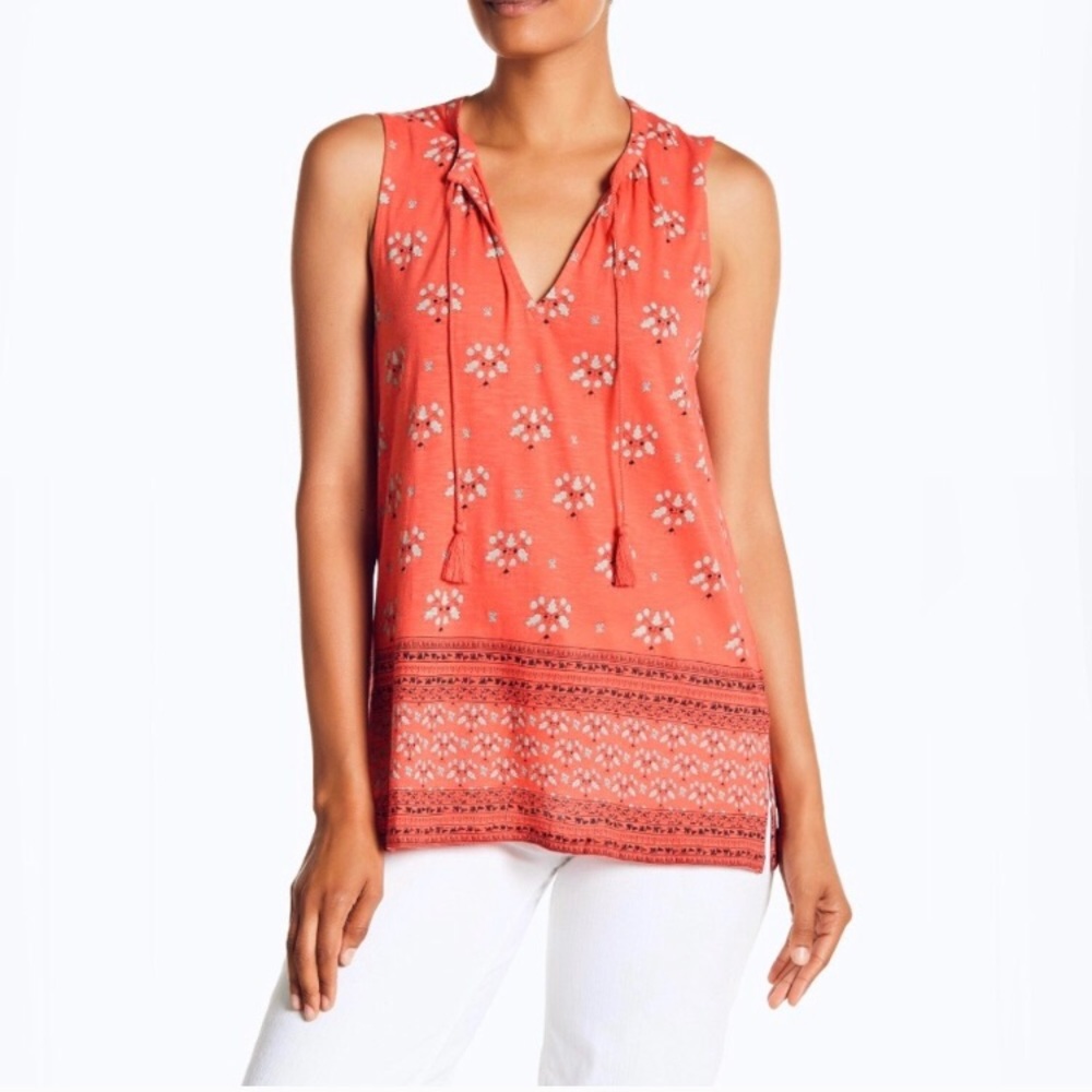 SOLD 🚨Lucky Brand Coral Floral Pattern Tassels Top